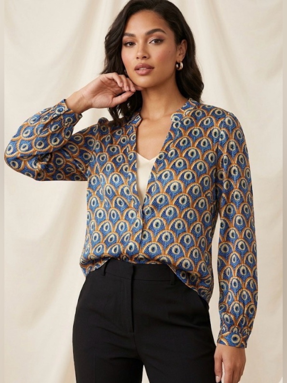 Melloday peacock shimmering Sheer long sleeve button down size  small